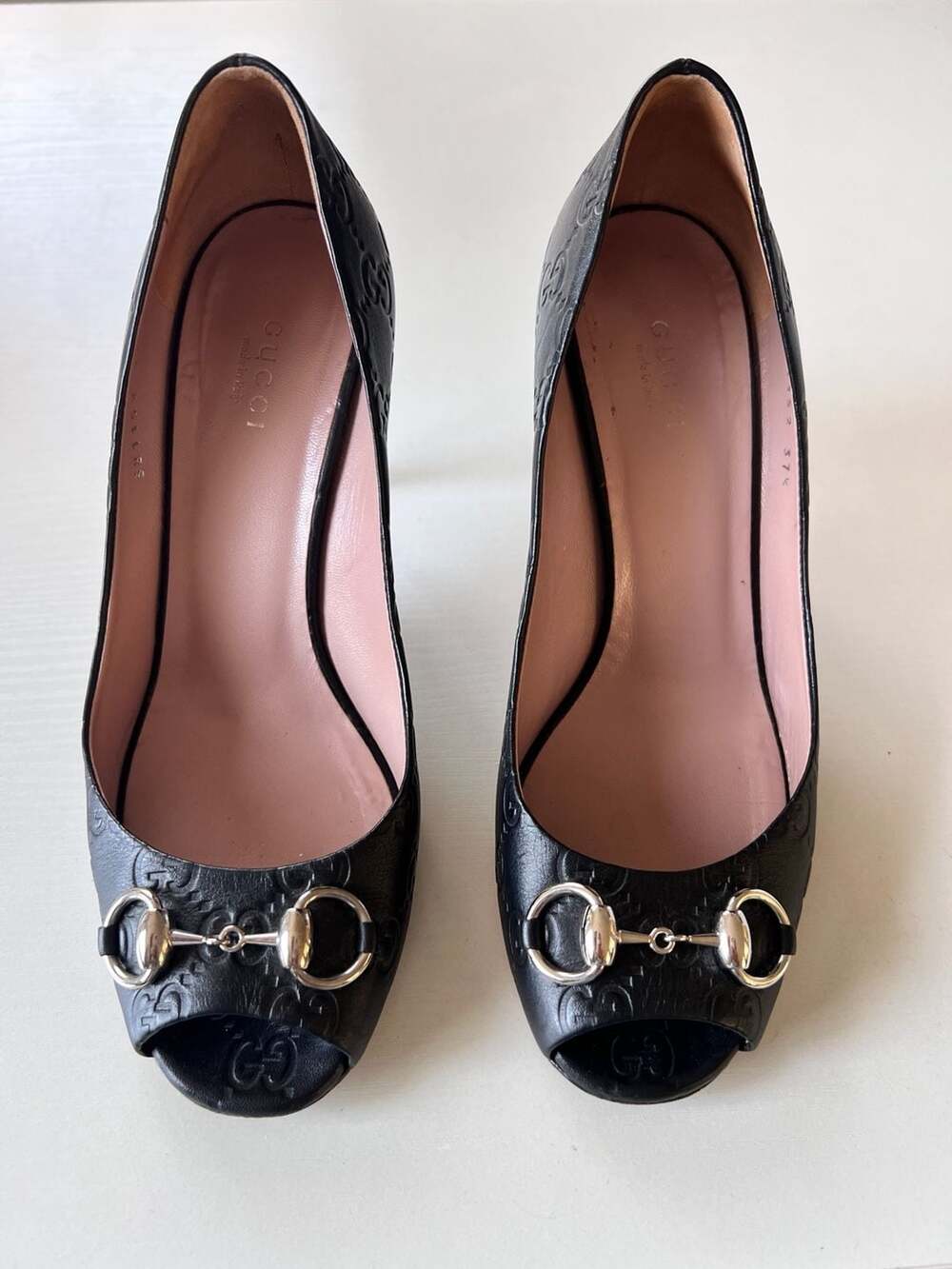Gucci Guccissima Leather Horsebit Peep Toe Pumps
